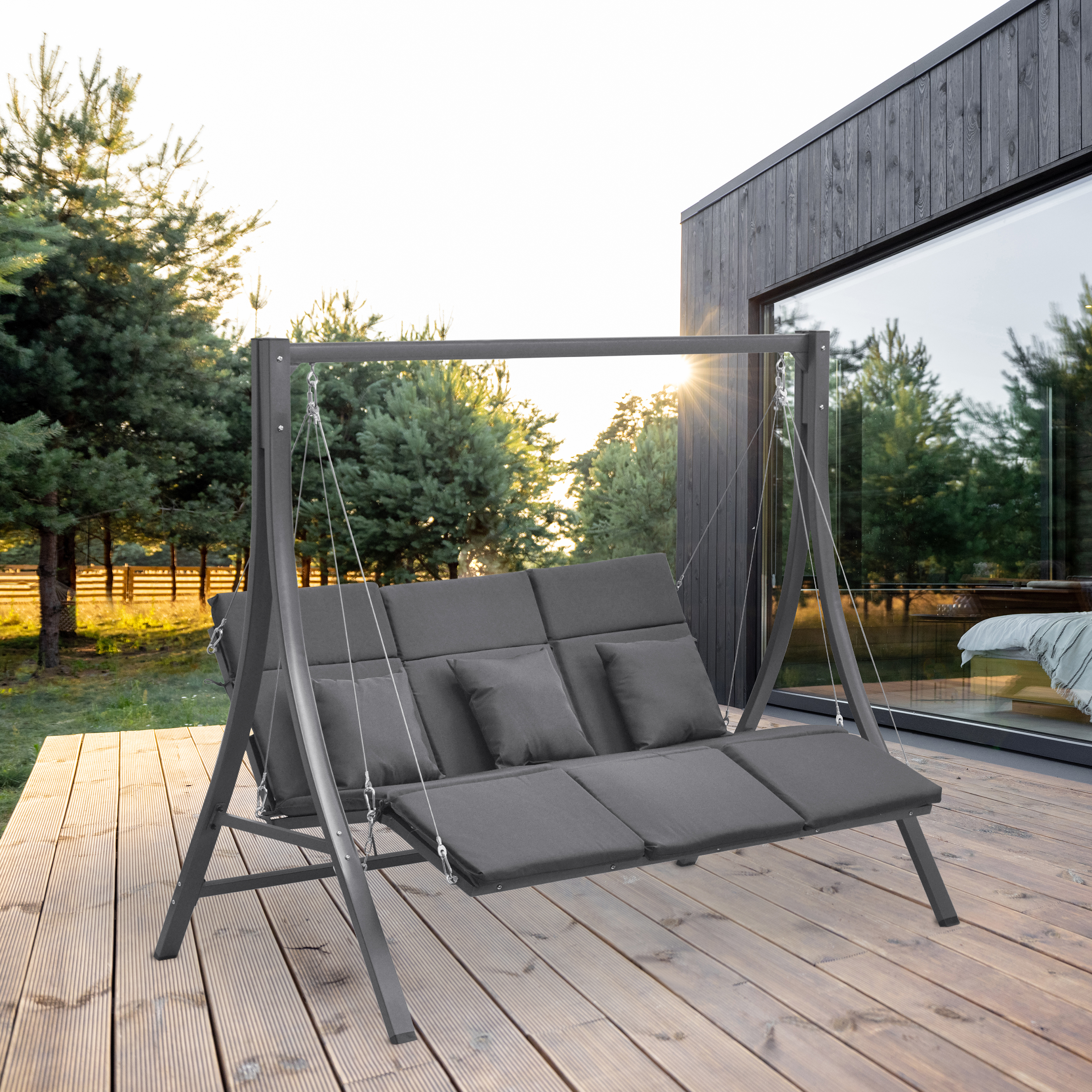MECHTILD 3-Sitzer Hollywoodschaukel mit Liegefunktion grau | Gartenliegen |  Garten